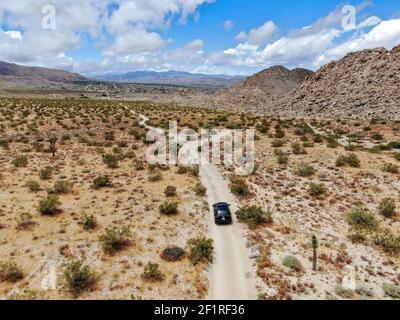 Luftaufnahme von 4x4 Auto fahren Off Road in der Wüste. Joshua Tree Stockfoto