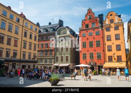 Bunte Gebäude in Stortorget, Gamla Stan, Stockholm, Schweden. Stockfoto