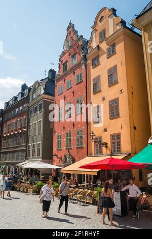 Bunte Gebäude in Stortorget, Gamla Stan, Stockholm, Schweden. Stockfoto