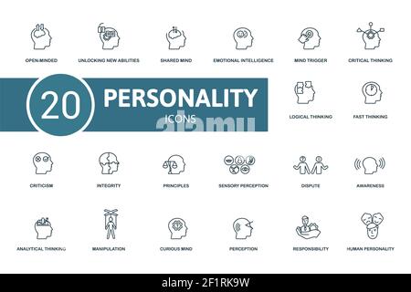 Symbol für Persönlichkeit festgelegt. Enthält editierbare Symbole Persönlichkeitsthema wie die Erschließung neuer Fähigkeiten, emotionale Intelligenz, kritisches Denken und vieles mehr. Stock Vektor