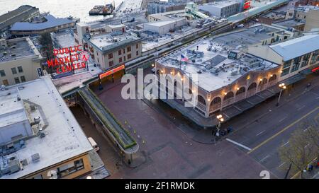 Seattle, WA / USA â €" März, 24: Luftaufnahme Public Market Center geschlossen für Covid19 Pandemie am 24th 2020. März Stockfoto