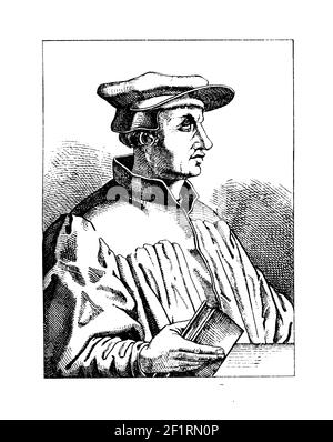 19th-Jahrhundert-Illustration eines Porträts von Ulrich Zwingli, Führer der Reformation in der Schweiz. Geboren am 1. Januar 1484 in Wildhaus, Schweiz, Stockfoto
