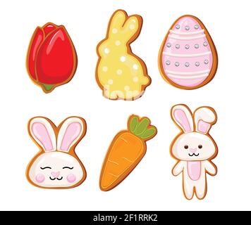 Osterkekse Symbol, Osterferien, bunte Eier, Karotten und Hase. Vector Ostern Stock Vektor