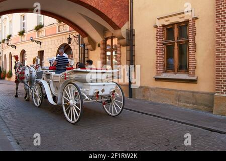 Touristen werden in einer Pferdekutsche darunter gezogen Eine Brücke Stockfoto