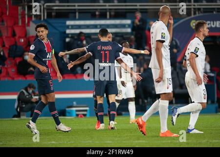 Angel Di Maria (PSG) erzielte ein neues Tor, Feier mit Rafael ALCANTARA DO NASCIMENTO (PSG), Marcos Aoas Correa, Marquinhos (PSG), Jeremy DOKU (Stade Rennais), Steven NZONZI (Stade Rennais), Damien da SILVA (Stade Rennais) während der französischen Meisterschaft Ligue 1 Fußballspiel zwischen Paris Saint-Germain und Stade am 7. November, Rennais 2020 im Stadion Parc des Princes in Paris, Frankreich - Foto Stephane Allaman / DPPI Stockfoto