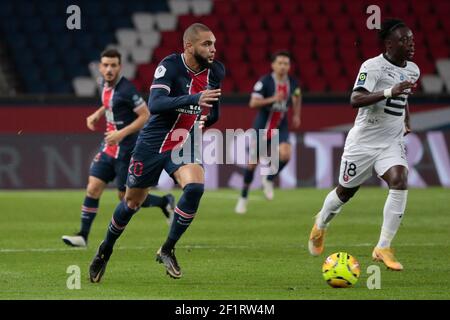 Layton Kurrawa (PSG), Jeremy DOKU (Stade Rennais), Alessandro Florenz (PSG), Ander HERRERA (PSG) während der französischen Meisterschaft Ligue 1 Fußballspiel zwischen Paris Saint-Germain und Stade Rennais am 7. November 2020 im Parc des Princes Stadion in Paris, Frankreich - Foto Stephane Allaman / DPPI Stockfoto