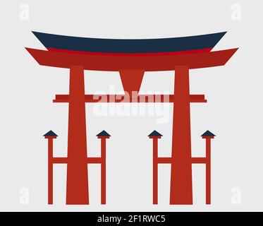 Japanisches Torii-Tor, nationales Symbol, traditionelle Struktur, flache Vektorgrafik. Flaches japanisches Torii-Tor, nationales Symbol, Ikone Stock Vektor