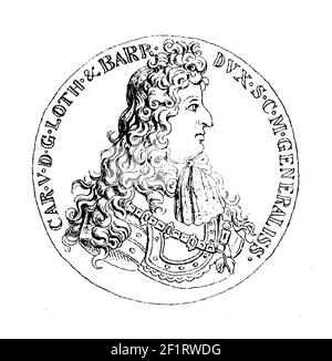 Antike Gravur eines Porträts von Karl IV., Herzog von Lothringen. Er wurde am 5. April 1604 in Nancy, Frankreich geboren und starb am 18. September 1675 in Allen Stockfoto