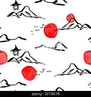 Chinesische Berglandschaft nahtlose Musterillustration. Traditionelle asiatische Kunst Hintergrund, handgezeichnete Hügel Szene mit Pagode Wahrzeichen Gebäude. Stock Vektor
