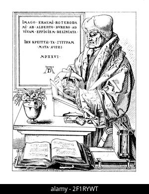 19th-Jahrhundert-Illustration eines Porträts von Desiderius Erasmus, niederländische Renaissance Humanist und katholischen Theologen. Erasmus wurde am 27. Oktober 146 geboren Stockfoto