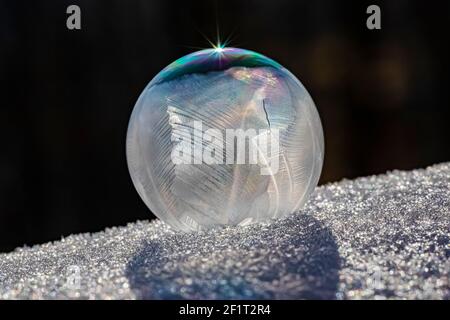 Luftblasen, die im Winter vom Fotografen entstehen, bilden schnell Eiskristalle auf den Innenflächen, Michigan, USA, Stockfoto