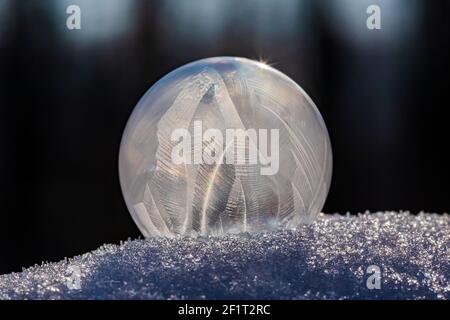 Luftblasen, die im Winter vom Fotografen entstehen, bilden schnell Eiskristalle auf den Innenflächen, Michigan, USA, Stockfoto