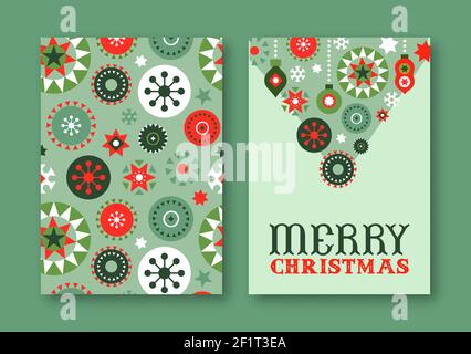 Frohe Weihnachten Grußkarten Kollektion. Retro skandinavische Volkskunst Hintergrund und Illustration Design-Set. Urlaub Ornamente in geometrischen nordischen st Stock Vektor