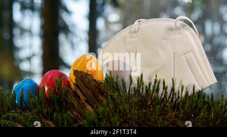 Gesichtsmaske im Wald auf einem moosigen Boden, bunte ostereier. Ostern im Wald. Vorderansicht. Stockfoto