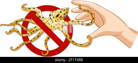 Warnung blau beringte Krake verboten Schild mit der Hand auf weiß Hintergrunddarstellung Stock Vektor