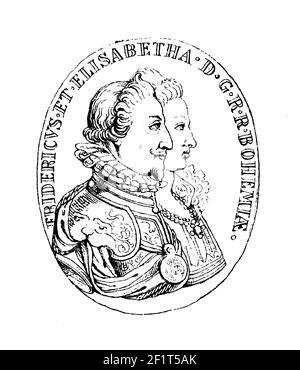 Antike Illustration eines Porträts von Friedrich V. und seiner Frau Elisabeth. Friedrich war Kurfürst der Pfalz und König von Böhmen. Stich veröffentlicht in B Stockfoto