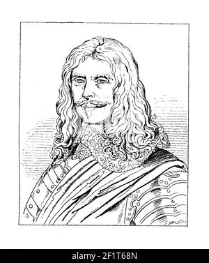 Antike Gravur aus dem 19th. Jahrhundert eines Porträts von Henri de la Tour d'Auvergne, Viscount von Turenne und Generalmarschall von Frankreich. Geboren am 11. September, Stockfoto