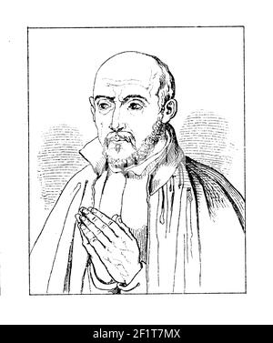 Antike Illustration eines Porträts von Ignatius von Loyola, spanischer Ritter, Eremit und Priester. Er wurde 1491 in Loyola, Guipuzcoa, Spanien geboren und starb Stockfoto