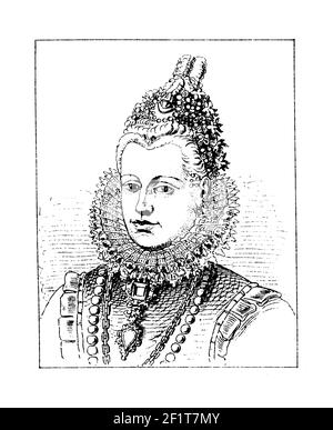 Antiker 19th-Jahrhundert-Stich eines Portraits der Infantin Isabella Clara Eugenia von Spanien, souverän der spanischen Niederlande zusammen mit ihrem Husban Stockfoto