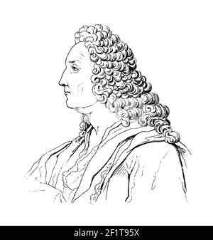 Antike Gravur eines Porträts von Johann Bernoulli, Schweizer Mathematiker. Er wurde am 27. Juli 1667 in Basel, Schweiz, geboren und starb am 1. Januar 17 Stockfoto