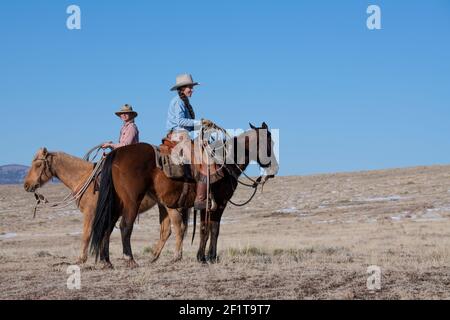 USA, Colorado, Custer County, Westcliffe, Music Meadows Ranch. Weibliche Ranchhände in typisch westlicher Kleidung. Modell Freigegeben. Stockfoto