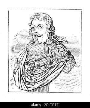 Antike Gravur eines Porträts von Ludwig XIII., König von Frankreich und Navarra. Er wurde am 27. September 1601 in Chateau de Fontainebleau, Frankreich und d geboren Stockfoto