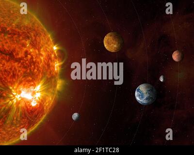 Sonne und Sonnensystem Planeten. Erdplaneten: Merkur, Venus, Erde, Mars. Sci-Fi-Hintergrund. Elemente dieses Bildes, die von der NASA eingerichtet wurden. Stockfoto