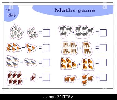 Math-Spiel für Kinder Addition und Subtraktion Probleme. Zählen, wie viele gibt es Vektor-Illustration weißen Hintergrund isoliert Wachtel Ente Pinguin vultur Stock Vektor