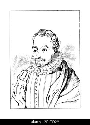 Antike Gravur aus dem 19th. Jahrhundert eines Porträts von Miguel de Cervantes, spanischer Schriftsteller, Dichter und Dramatiker. Geboren am 29. September 1547 in Alcala de H Stockfoto