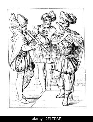 Antike 19th-Jahrhundert-Illustration von Musikern. Erschienen in Bilder-Atlas zur Weltgeschichte nach Kunstwerken alter und neuer Zeit (Stuttgart, Verlag Stockfoto