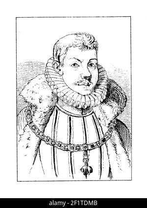 Antike Illustration eines Porträts von Philipp III., König von Spanien. Geboren am 14. April 1578 in Madrid, Spanien, starb er am 31. März 1621 in Madrid, Spanien. Stockfoto