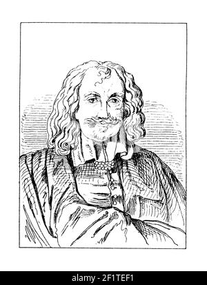 19th-Jahrhundert-Stich eines Porträts von Thomas Hobbes, englischer Philosoph. Er wurde am 5. April 1588 in Malmesbury, Wiltshire, England geboren und starb an Stockfoto