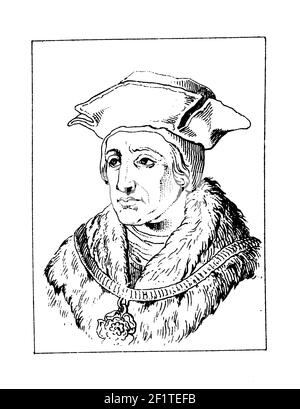 Antike Illustration eines Porträts von Thomas More, englischem Rechtsanwalt, Gelehrter, Autor und Staatsmann. Er wurde am 7. Februar 1478 in London, England A geboren Stockfoto