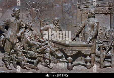 Paul Chomedey, Maisonneuve, Monument, Place d'Armes, Montreal, Quebec, Kanada, Paul Chomedey de Maisonneuve , ist der Gründer von Montreal. Kanada, Kanada, Provinz, Quebec. (Paul de Chomedey, 1612 - 1676 französischer Militäroffizier und Gründer von Fort Ville-Marie (heute Montreal). Denkmal des Bildhauers Louis-Philippe Hébert erbaut 1895. Stockfoto