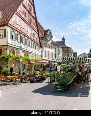 Die Leute kaufen gerne Lebensmittel auf dem Wochenmarkt in Der Marktplatz von Esslingen am Neckar Stockfoto