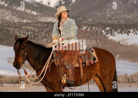 USA, Colorado, Westcliffe, Music Meadows Ranch. Weibliche Ranch Hand in typisch westlichen Ranch Kleidung auf Lorbeer im Winter. Modell Freigegeben. Stockfoto