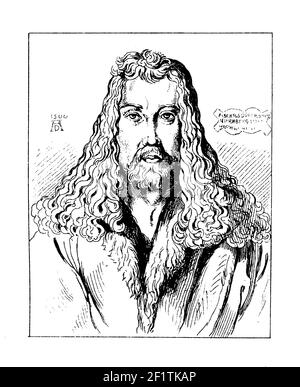 Antike Illustration eines Porträts von Albrecht Dürer, deutscher Maler, Grafiker und Theoretiker. Geboren wurde er am 21. Mai 1471 in Nürnberg, Heiliger Römer EM Stockfoto