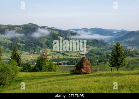 Neblige Sommermorgendlandschaft über dem Dorf Bucovina. Grüne, filde Wiesen, bedeckt mit Nebel, Tannenwälder, Berge im Hintergrund und ein Heuhaufen Stockfoto