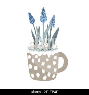 Niedlicher Becher mit blauer Traubenhyazinthe, Wachteleiern und Moos. Hello Frühling Karte Vektor-Illustration, Ostern Karte, Dekor im skandinavischen Stil. Blumentopf Stock Vektor