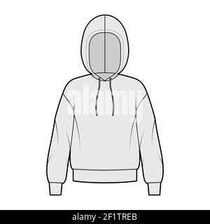 Hoody Sweatshirt technische Mode-Illustration mit langen Ärmeln, übergroßen Körper, Bund Saum, Tunnelzug. Flach Medium Bekleidungsvorlage vorne, grau Farbe Stil. Frauen, Männer, Unisex CAD Mockup Stock Vektor