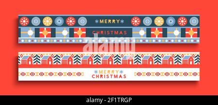 Frohe Weihnachten dünne Web-Banner Illustration Set von modernen flachen geometrischen Ikonen in minimalistischen Folk Art Stil. Bunte Weihnachten Saison Dekoration beinhaltet Stock Vektor