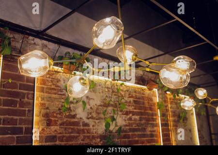 Viele runde Lampen in der Nähe einer braunen Holzwand. Runde Lichter im Innenraum. Hintergrund für Design. Dekorative Glühlampen Stockfoto