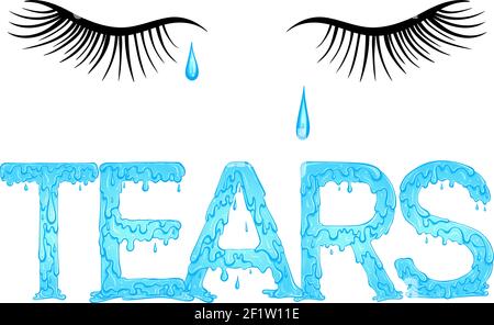 Schriftzug tropfendes Wort zerreißt blaue Farbe mit Augen und Tropfen. Vektorgrafik isoliert auf weißem Hintergrund. Schriftdesign im handgezeichneten Stil. Wörter für Druck, Plakate, Bücher, Ikone, Aufkleber. Stock Vektor