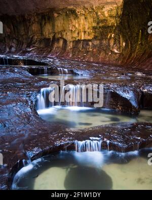 Kleine Wasserfälle der berühmte 'Subway'-Abschnitt des Slot Canyon, der von der linken Gabel des North Creek im Zion National Park, Utah, USA, gebildet wird Stockfoto