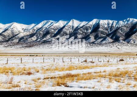 Schneebedeckte Bergkette Sangre de Cristo; San Luis Valley; Central Colorado; USA Stockfoto