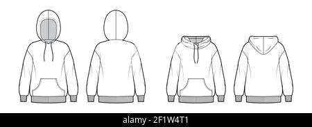 Set von Hoody Sweatshirt technische Mode Illustration mit langen Ärmeln, übergroßen Körper, Kängurutasche, gebänderten Saum. Flache Bekleidungsvorlage vorne, hinten, weiße Farbe. Frauen, Männer Unisex CAD mockup Stock Vektor