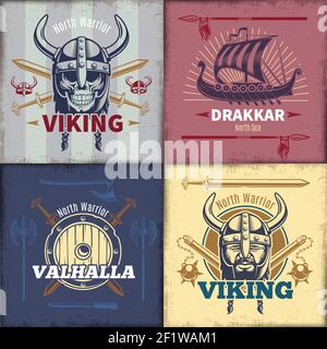 Vintage viking Embleme Set mit Kopf in gehörnten Helmschiff Und gekreuzte Waffe isoliert Vektor-Illustration Stock Vektor