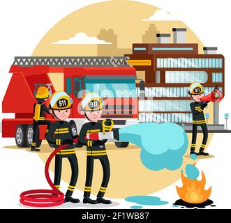 Brandschutzschablone mit Rettungswagen und Feuerwehrleuten in Uniform Und Helm mit verschiedenen Ausrüstung Vektor-Illustration Stock Vektor