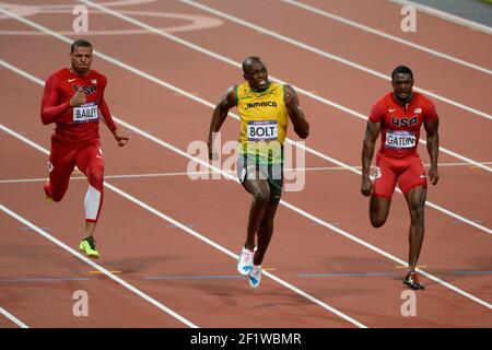 OLYMPISCHE SPIELE 2012 IN LONDON - OLYMPIASTADION IN LONDON (DE) - 05/08/2012 - FOTO : JULIEN CROSNIER / KMSP / DPPIATHLETICS - FINALE 100M - USAIN BOLT (JAM) / SIEGER / GOLDMEDAILLE Stockfoto