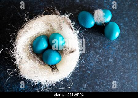 Mystisch färbende Ostereier mit Zweigen in einem dekorativen Nest Auf blauem Hintergrund Stockfoto